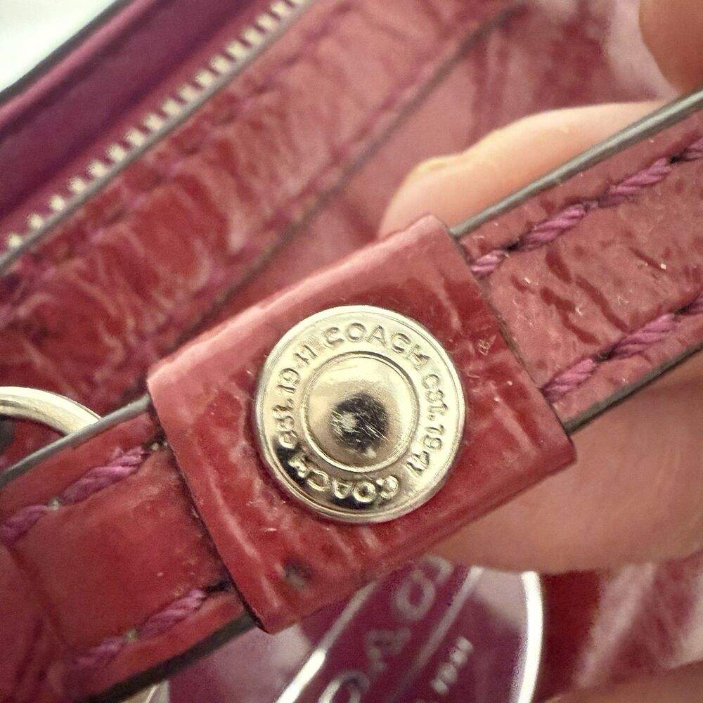 Coach Berry Pink Patent Leather Stitched C Signature Stripe Shoulder Bag. - Picture 7 of 16